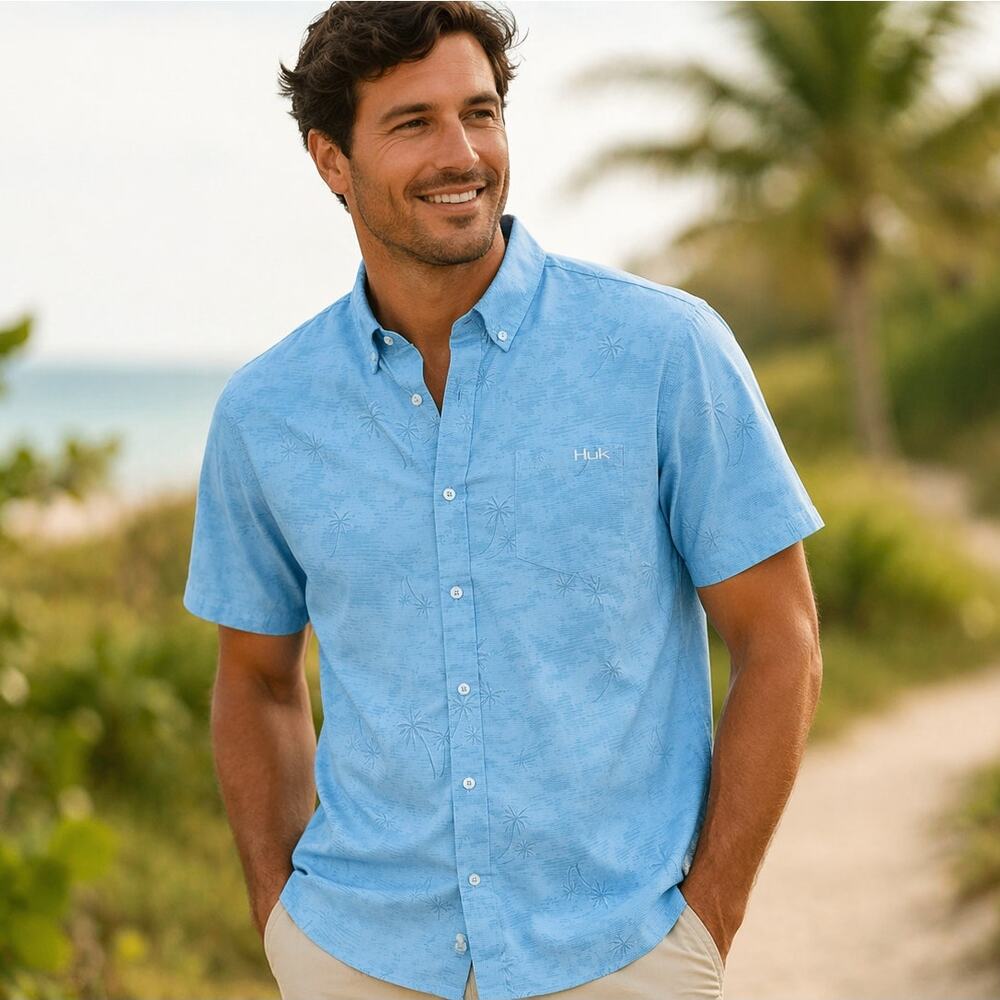 Huk Blue Palm Print Button Down Shirt Mens Small NWT Fishing Beach